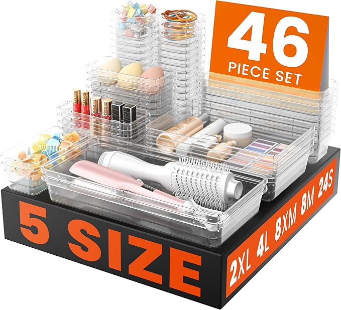 A-LuGei 【46PCS & 5Sizes Clear Drawer Organizer, 【Hold 277 Items】 Makeup by A-LUGEI