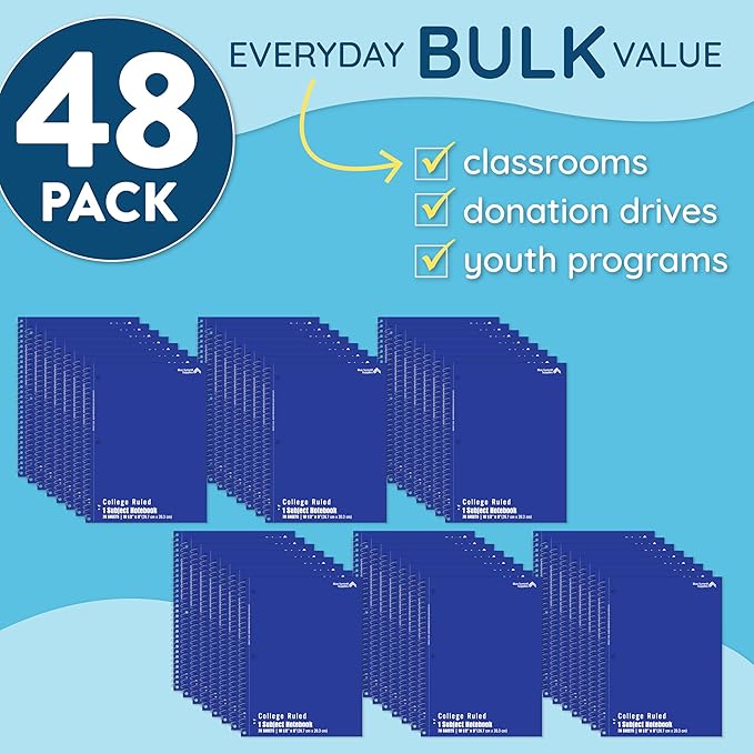 Blue Summit Blue Spiral Notebooks Bulk, One Subject Spiral Notebook College Ruled, Perforated Notebook, 8 x 10.5 for Work and School, Paper, College Ruled, Bulk 48 Pack-DeskLoop Office