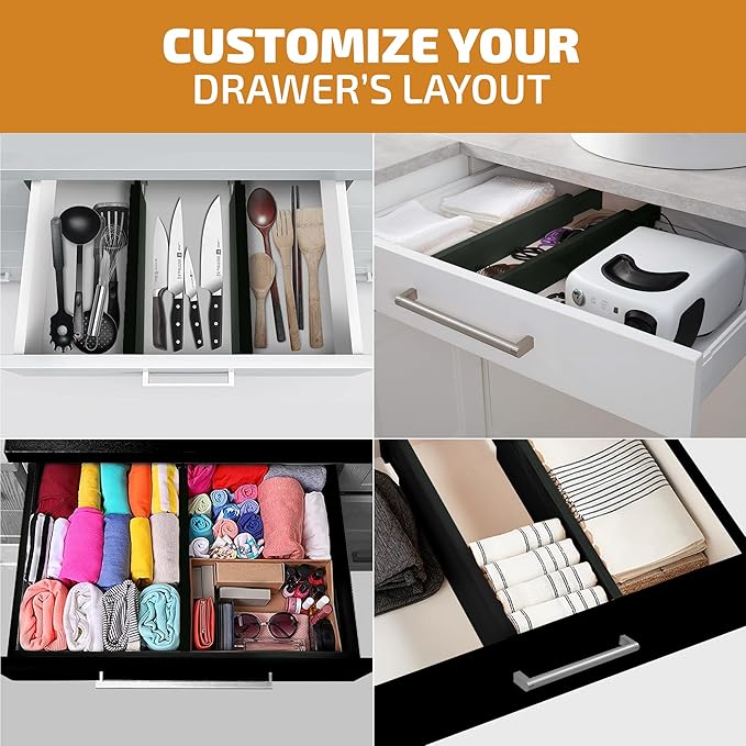 Large Kitchen Drawer Organizer - Expandable Bamboo Drawer Dividers (17" - 21.5") - Adjustable Separators for Kitchen, Clothes, Dresser, Bedroom, Bathroom, and Desk Drawers - 6-Pack (Black)-DeskLoop Office