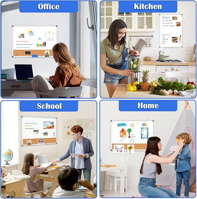 Double-Sided Whiteboard Cork Board Combo for Wall, WALGLASS 24" x 18" Dry Erase White Board Corkboard Combination, Hanging Wall Mount Bulletin Board with Aluminum Frame for Office, Home, School-DeskLoop Office