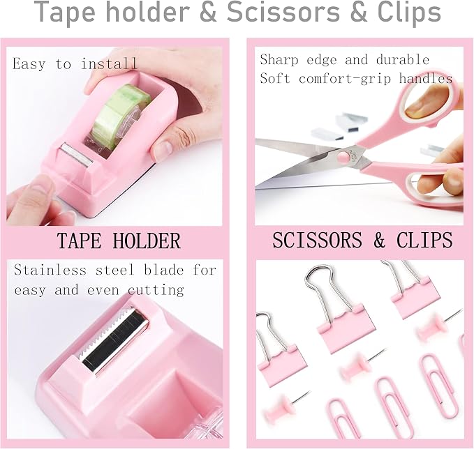 Pink Desk Accessories, Staple Remover, 1000 Staples, Clips Set - Image 3