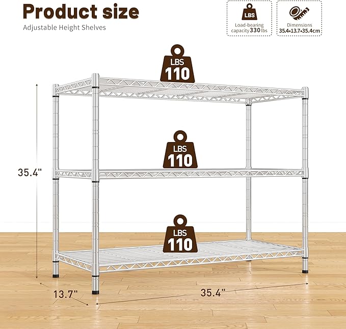 3- Shelf Metal Shelving Unit 35.6Wx14Dx36H, Adjustable Storage Shelves Heavy - Image 3