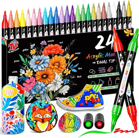 TBC The Best Crafts Acrylic Paint Markers, 24 Colors Dual Tip – Waterproof by TBCTheBestCrafts