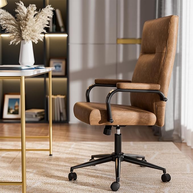 Brown Leather Office Chair with Wheels, Memory Foam Height Adjustable Computer Deak Chair, Rolling Swivel Executive Chair for Home Office-DeskLoop Office