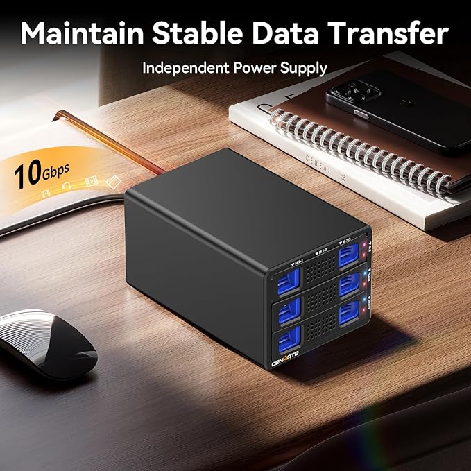 Hybrid 2*2.5/3.5" SATA HDD/SSD+3* M / B+M Key M.2 NVMe Enclosure with Cooling Fan and USB A/C 3.2 Gen 2, Hard Drive Enclosure Support 68TB(2*22TB HDD+3*8TB 2230/2242/2260/2280/22110 SSDs)-DeskLoop Office