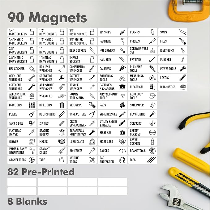 90 PCS Magnetic Toolbox Labels, 82 Pre-Printed & 8 Blanks Large Size Tool Chest - Image 3