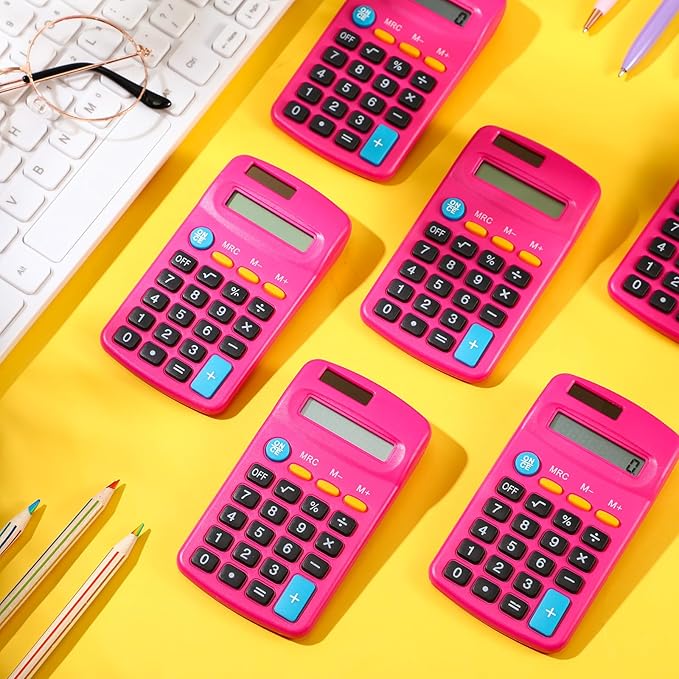 24 Pieces Basic Calculators for Students Small Pocket Size 8 Digit Display Mini Calculators Dual Powered Handheld for School Desktop Home(Rose Red)-DeskLoop Office