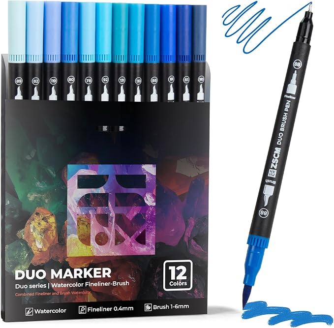 ZSCM Blue Duo Tip Marker Pens, 12 Pack Fine & Brush Markers by ZSCM