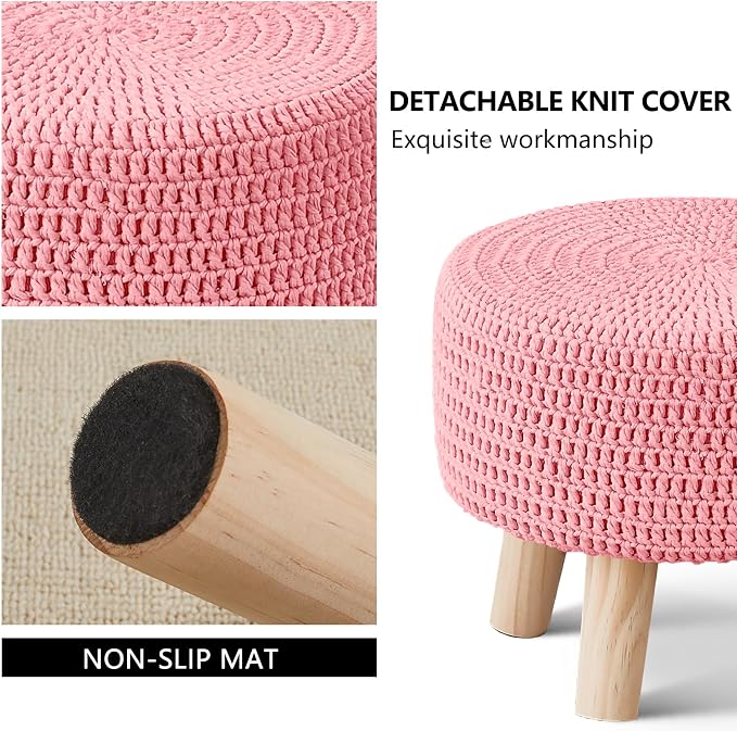 Wimarsbon Pouf Ottoman, 100% Cotton Knitted Boho Footstool, Round Footrest - Image 5