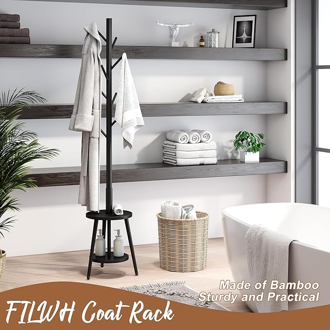FILWH Freestanding Coat Rack with Umbrella Organizer Tray Bamboo Coat Tree Rack with 8 Hook Stand for Clothes Bag Hats Entryway Hanger Stand(Black)-DeskLoop Office