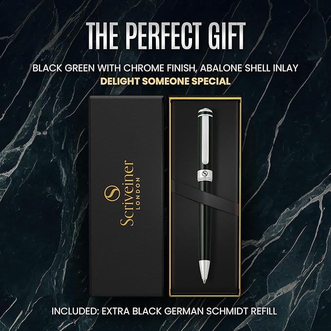 Scriveiner Black Green Ballpoint Pen - Black Green Luxury Pen, Chrome Finish, Schmidt Black Refill, Best Ball Pen Gift Set for Men & Women, Professional Executive Office, Nice Designer Pen-DeskLoop Office