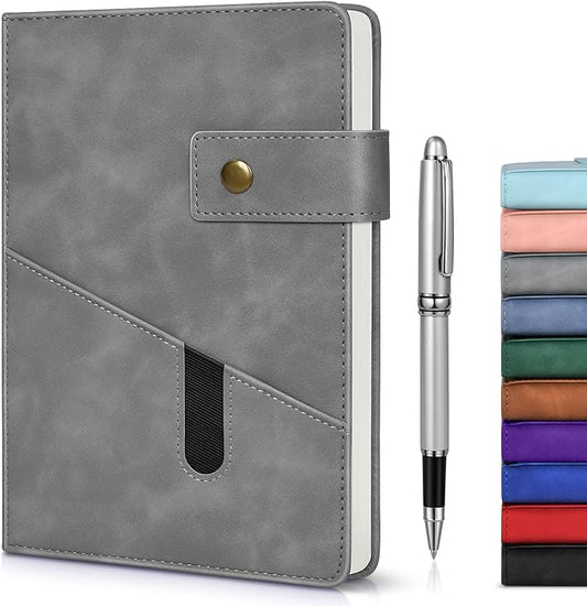 Grey A5 Lined Leather Journal Notebook for Men Women,5.9" X 8.4" Personalized Hardcover Journal with Pen,200 Pages 100 Gsm Thick Ruled Paper Daily Diary for Travel,Business,Work,Writing-DeskLoop Office