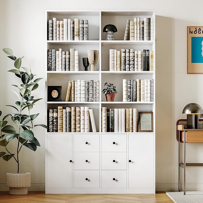 IRONCK 78.7" Bookcase with 6 Drawers, 6 Tier Large Bookshelf with 2 Doors, Large Bookcase with Adjustable Shelves, Tall Storage Cabinet for Home Office, Living Room, White-DeskLoop Office