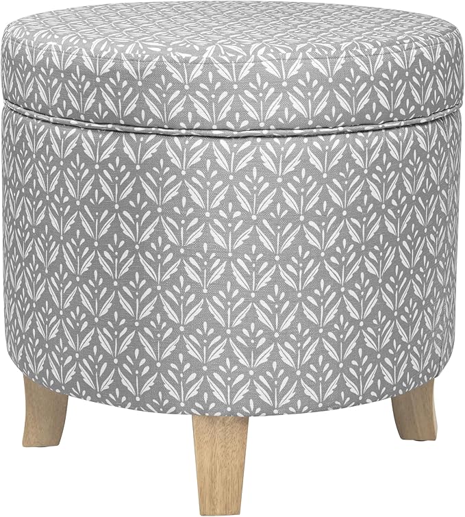 HomePop Upholstered Round Storage Ottoman|Homepop Home Décor|Upholstered Round Foot Rest Ottoman - Light Grey Print-DeskLoop Office