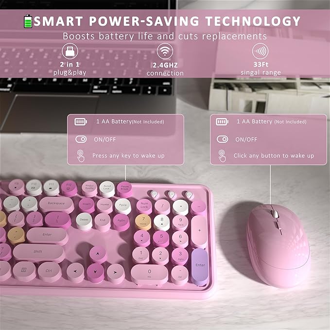 Wireless Keyboard and Mouse, Full-Size Retro Typewriter Keyboard with Round Keycaps, 2.4GHz for Windows, Mac, Laptop, PC, Desktop (Pink Colorful)-DeskLoop Office