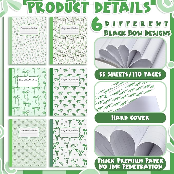 Fullhawl 6 Pack Composition Notebook College Ruled Bulk Green Bow Composition - Image 4