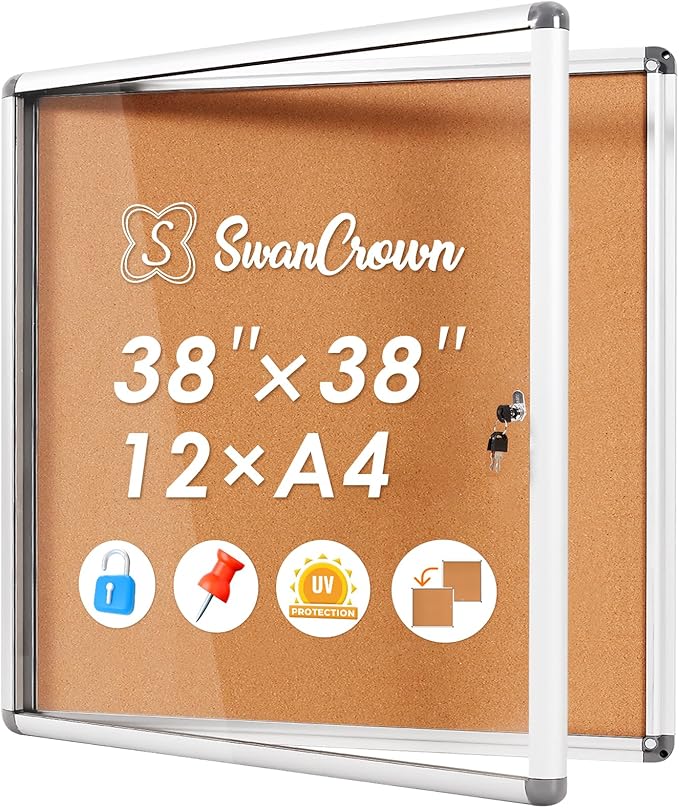 SWANCROWN Enclose Bulletin Board Case Big School Cork Pin Noticeboards Secure Cabinet for Message Guide 38x38inches (12xA4)-DeskLoop Office