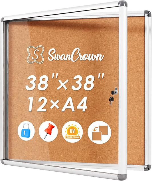 SWANCROWN Enclose Bulletin Board Case Big School Cork Pin Noticeboards Secure Cabinet for Message Guide 38x38inches (12xA4)-DeskLoop Office