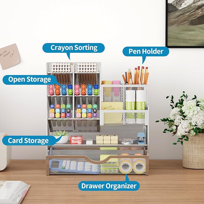 Marbrasse Mesh Pen Holder for Desk, Pen Organizer with Drawer, Multi-Functional Pencil Organizer, Desk Organizers and Accessories for Office Art Supplies (Silver)-DeskLoop Office