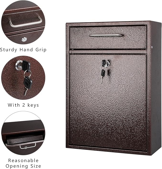 KYODOLED Steel Key Lock Mail Boxes Outdoor,Locking Wall Mount Mailbox,Security Key Drop Box,Collection Boxes,16.2Hx 11.22Lx 4.72W Inches,Bronze X Large-DeskLoop Office