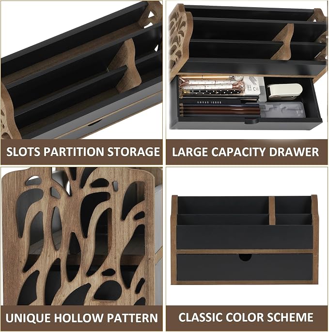 Desk Organizer with Drawer Wood File Office Mail Organizer Countertop-5 Slot - Image 3
