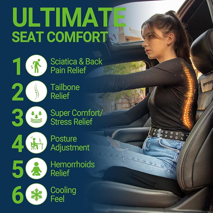 Gel Seat Cushion for Car Office - Memory Foam Pain Relief Chair Pillow Cushions - Tailbone Sciatica Coccyx Butt Lumbar Support Pad for Sitting Driving Traveling, Mesh, Black-DeskLoop Office