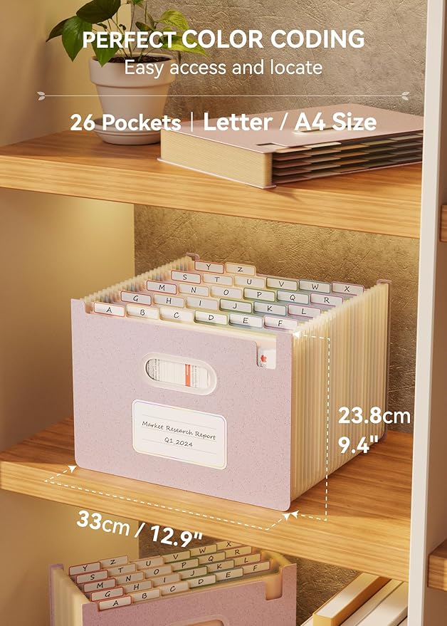 Accordion File Organizer, 26 Pockets Wheat Straw Expanding File Folders, Upright&Open Top, A-Z Bill Receipt Organizer, 100% BPA Free, Return to Nature, Healthy Living, Letter/A4 Size-Lavender Purple-DeskLoop Office