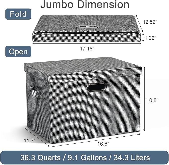 Large 17" 36 Quart Collapsible Stackable Storage Bins with Lids, 3 Packs Black and White Mix Linen Fabric Closet Boxes with Lids, Storage Cube Baskets Container Organizers (17x12x11)-DeskLoop Office