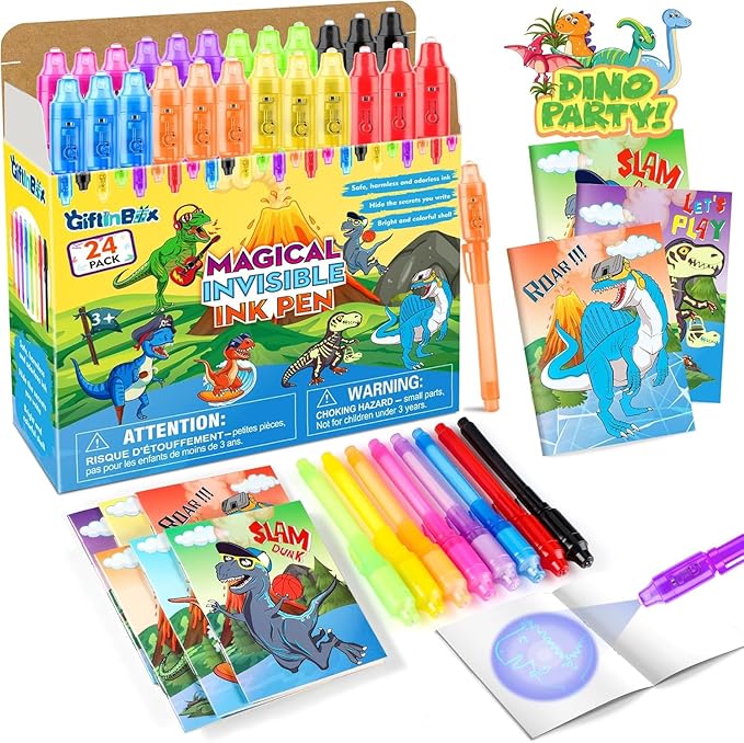 Invisible Ink Pens with UV light for Kids, Spy Pen Dinosaur Party Favors for Kids 8-12, 24Pack Invisible Ink Pen and Notebook, Magic Marker for Secret Message Birthday Party Favors for Kid 4-8-DeskLoop Office