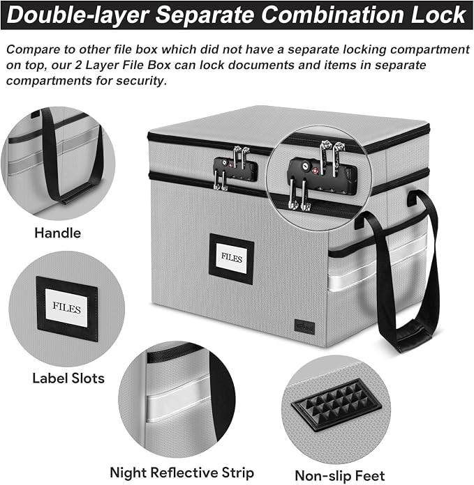 Fireproof Document Box with Lock, 2-Layer File Box Storage Organizer with 5 - Image 7