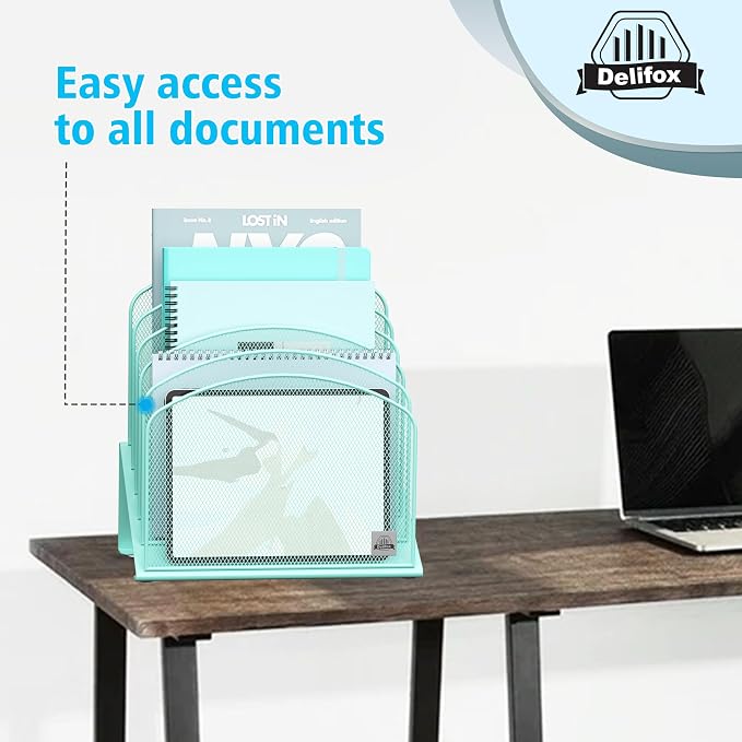 Delifox Incline File Organizer for Desk, 5-Section Mesh Metal Desktop File - Image 5