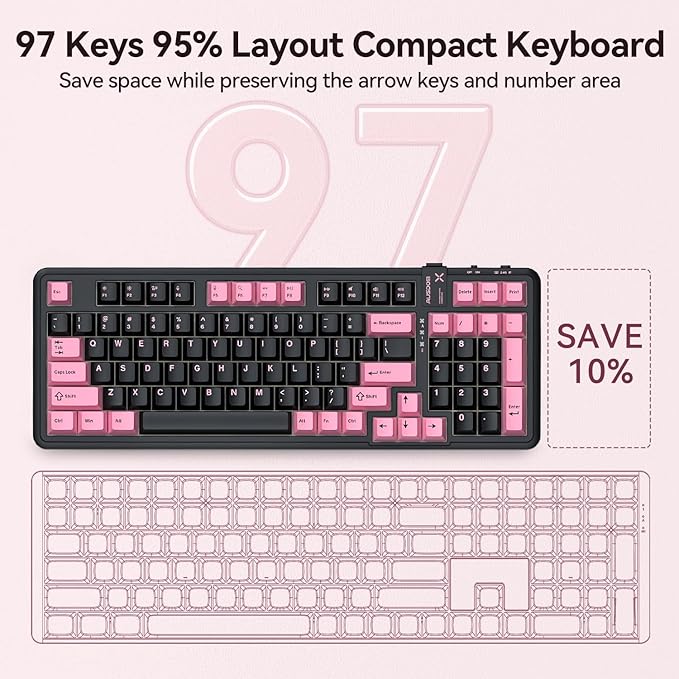 AUSDOM 98Pro Silent Wireless Mechanical Keyboard, Tri-Mode BT/2.4G/USB-C Hot Swappable Custom Quiet Keyboard with Backlit, Gasket Structure, PBT Keycaps, Pre-lubed Tactile Switches(Black Pink 97keys)-DeskLoop Office