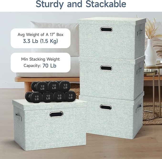 Large 17" 36 Quart Collapsible Stackable Storage Bins with Lids, 3 Packs Light Green Linen Fabric Closet Boxes with Lids, Storage Cube Baskets Container Organizers for Office (17x12x11)-DeskLoop Office