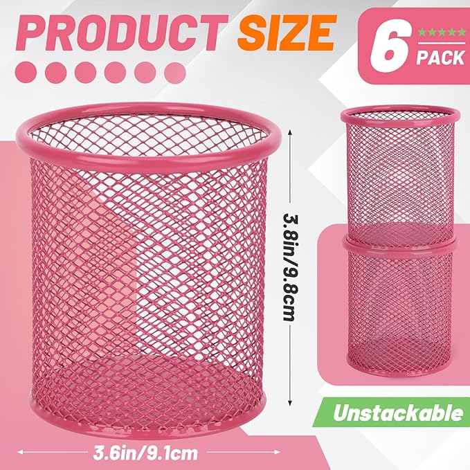 Segarty Pen Cup, 6 Pack Cute Dark Pink Pen Holder, Round Mesh Pencil Holder for Desk, Desktop Accessories Organizer for Office Supply, School, Home Storage, Makeup Brush Organization-DeskLoop Office