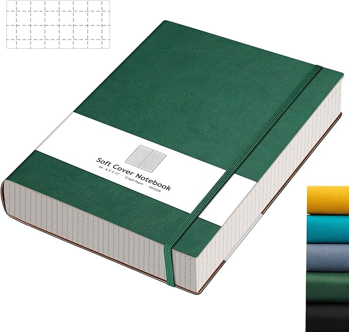 AHGXG Graph Paper Notebook - Grid Paper Notebook Large A4 8.5''×11'', 320 Pages Thick Journal, 100gsm Thick Graph Paper, Leather Softcover, Inner Pocket - Green-DeskLoop Office