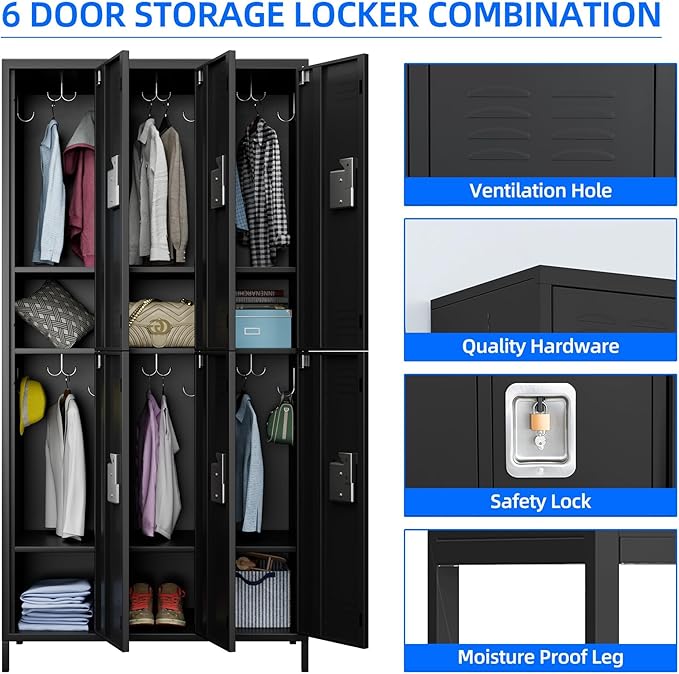 6 Doors Metal Lockers for Employees with Lock, Metal Locker with 18 Hooks for School Garage Office Gym Home,Assembly Required,Black-DeskLoop Office