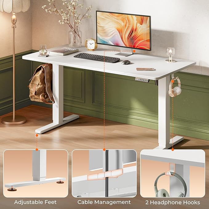 Huuger 55 x 28 Large Electric Standing Desk, Height Adjustable Copmuter Desk, 27.6" Deep Desktop, Stand up Gaming Office Table with 2 Hooks, 3 Preset Heights, for Home Office, White-DeskLoop Office