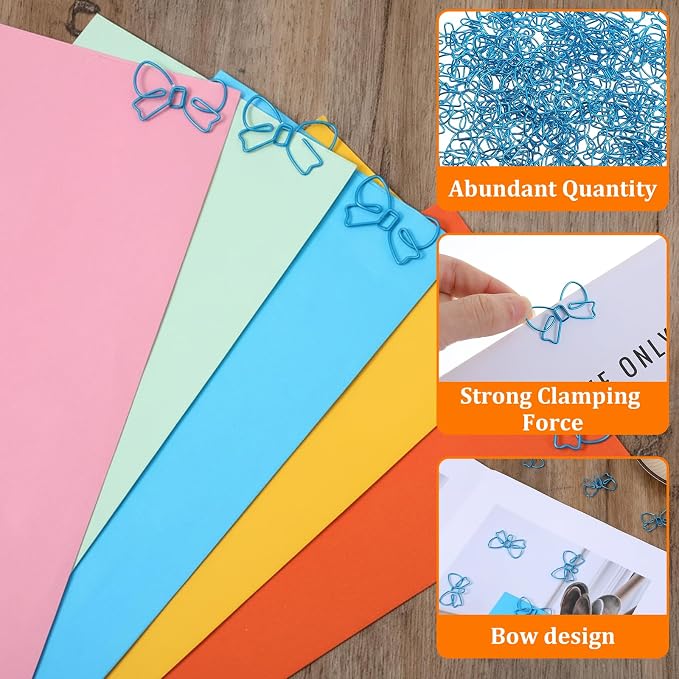 100PCS Blue Paper Clips, Ymapinc Metal Bow Paper Clips, Cute Paperclips - Image 3