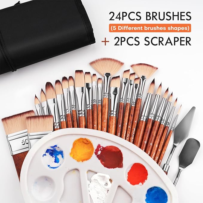 26pcs Paint Brush Set, Fuumuui Professional Acrylic Paint Brushes Complete Range of Sizes with Upgraded Short Handle Wide Flat Paintbrush for Acrylic, Oil, Watercolor and Gouache-DeskLoop Office