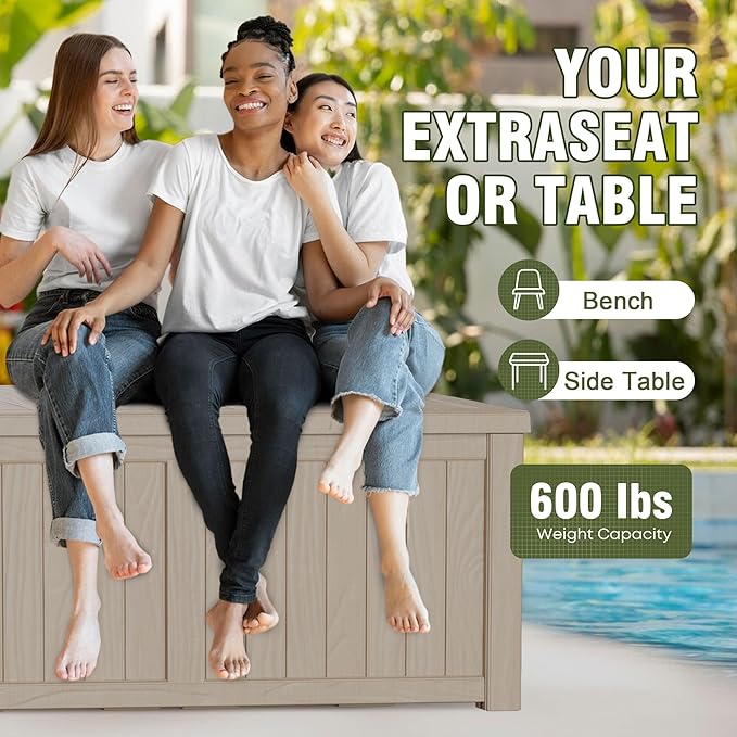 150 Gallon Resin Deck Box, Waterproof Outdoor Storage Bin for Patio Furniture, Pool Accessories, and Garden Tools, Lockable & UV-Resistant, Grey-DeskLoop Office