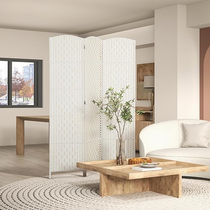 HOMCOM Room Divider, 3 Panel Folding Privacy Screen, 6FT Tall Portable Wicker Weave Partition Wall Divider for Bedroom, Home Office, White-DeskLoop Office