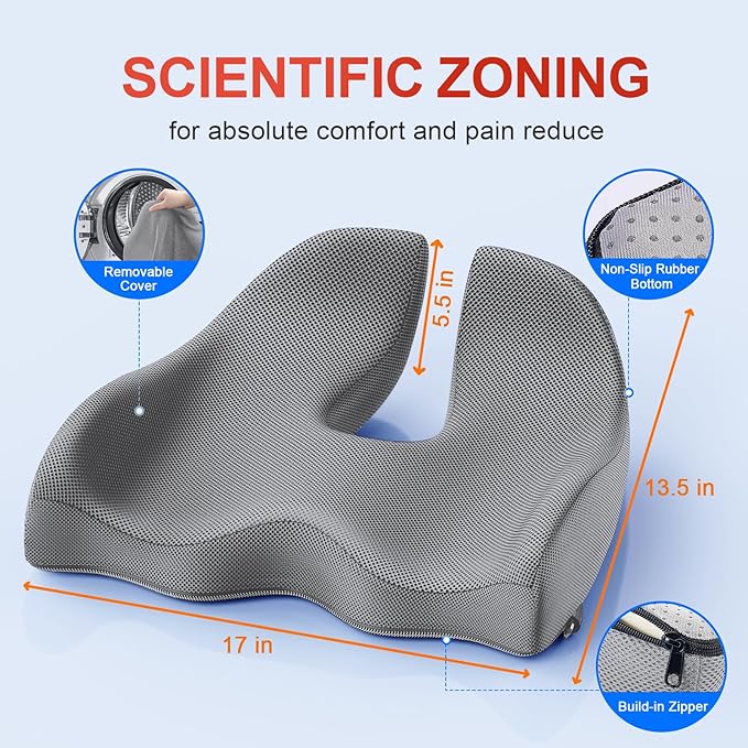 Benazcap X Large Memory Seat Cushion for Office Chair Ergonomic Cushions Pad Pillow for Pressure Relief Sciatica & Pain Relief Memory Foam for Long Sitting for Gaming Chair and Car Seat Gray-DeskLoop Office