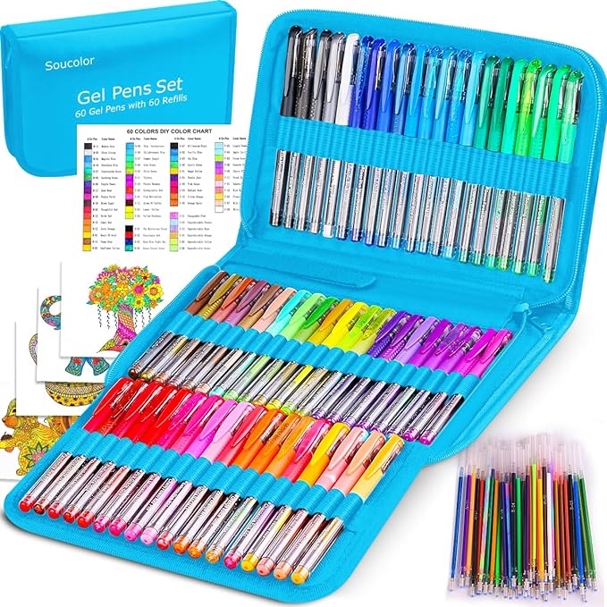 Soucolor Markers for Adult Coloring Books, Coloring Markers for Teacher Appreciation Gift School Office Supplies, 120-Piece Art Set: 60 Gel Pens + 60 Refills with Travel Case for Kids Card Making-DeskLoop Office