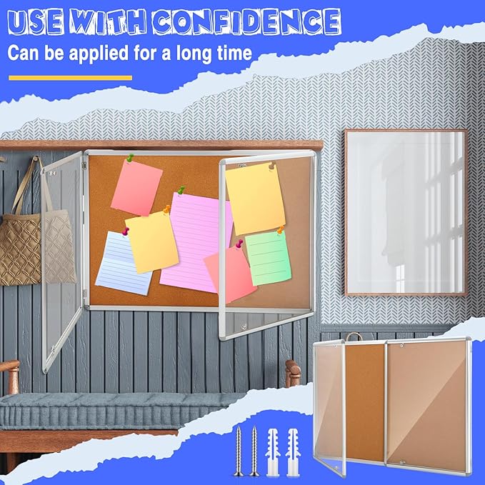 Enclosed Bulletin Board 48" x 36" Weather Resistant Lockable Notice Cork Display Board Wall Mounted 2 Locking Door for School Classroom Commercial Back to School, 12 x A4(Brown, Silver Frame)-DeskLoop Office