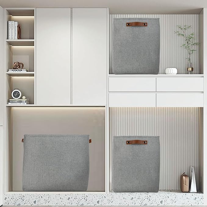 DULLEMELO Large Storage Baskets for Blankets Living Room 51L Canvas Storage Baskets for Organizing 3 Pack Collapsible Baskets Bins for Organizing Home Office with Handles (Grey)-DeskLoop Office
