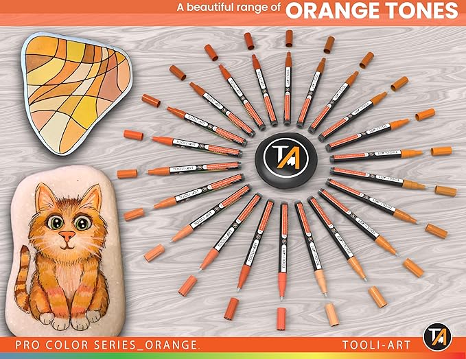 Acrylic Paint Pens 22 Orange Tones Assorted Pro Color Series Markers Set 0.7mm Extra Fine Tip for Rock Painting, Glass, Mugs, Wood, Metal, Canvas, Projects, Non Toxic, Waterbased, Quick Drying
