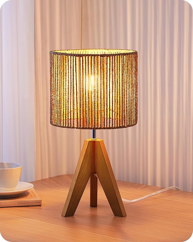 EDISHINE Small Rattan Table Lamp, Wood Tripod Bedside Lamp, Boho Nightstand Lamp by EDISHINE