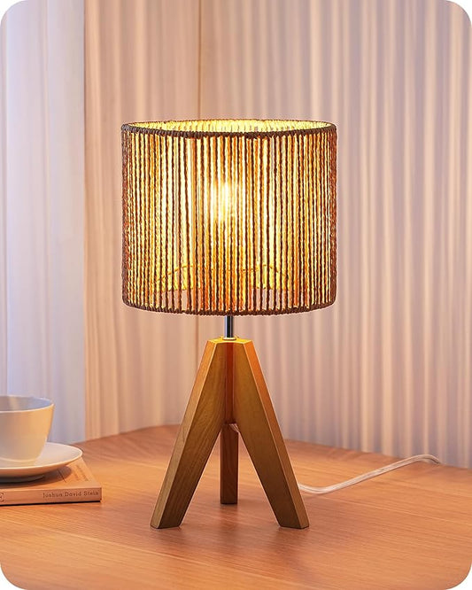 EDISHINE Small Rattan Table Lamp, Wood Tripod Bedside Lamp, Boho Nightstand Lamp by EDISHINE