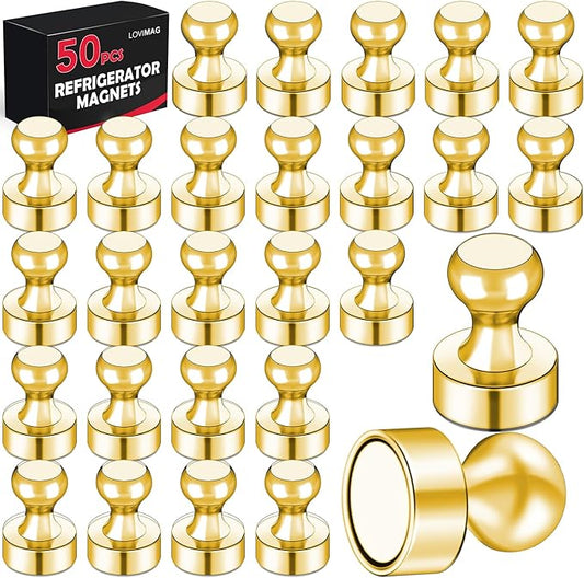 LOVIMAG Refrigerator Magnets, Fridge Magnets, Strong Whiteboard Magnets, Gold 50 Pcs Magnetic Push Pins, Strong Metal Magnets for Fridge, Whiteboard, Office, Classroom, Map, Kitchen