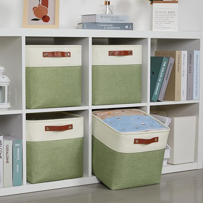 DULLEMELO Storage Basket, Linen Closet Organizers and Storage Baskets for Home Office, Suitable as Dog Toy Box, Baby Gift Basket, 4 Pieces 12x12 Decorative Cube Storage Bins(4 Pack - 12" White&Green)-DeskLoop Office
